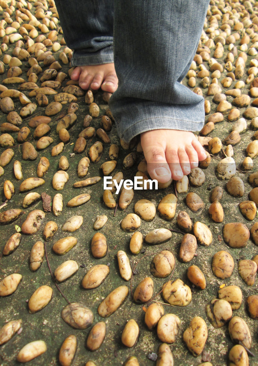 Low section of person walking on pebbles at beach