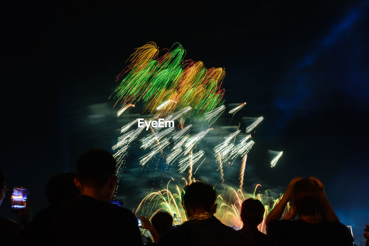 People watching firework display against sky at night