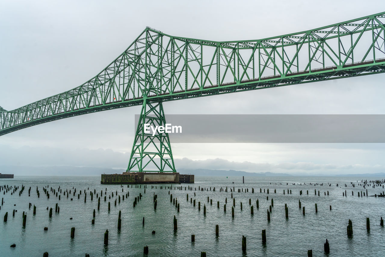 A view of the astoria-megler bridge in oregon state on a moody cloudy day.