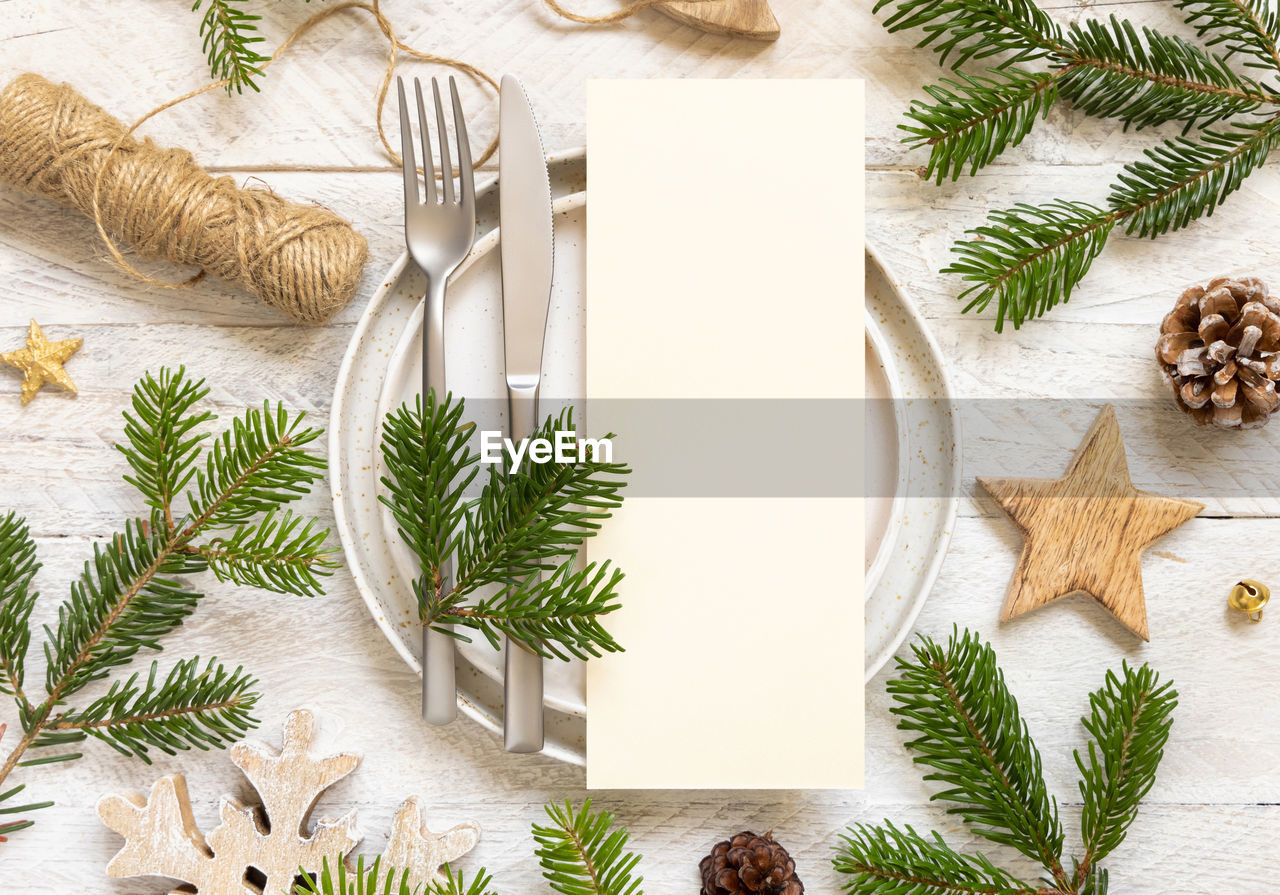 Festive table setting of plates, cutlery and fir tree branches top view. mockup 
