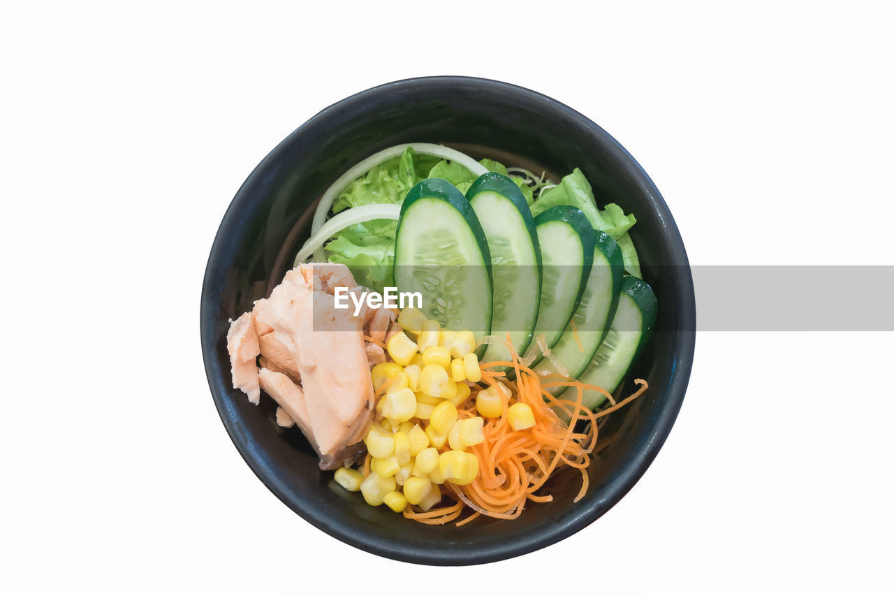 Close-up of food in bowl on white background