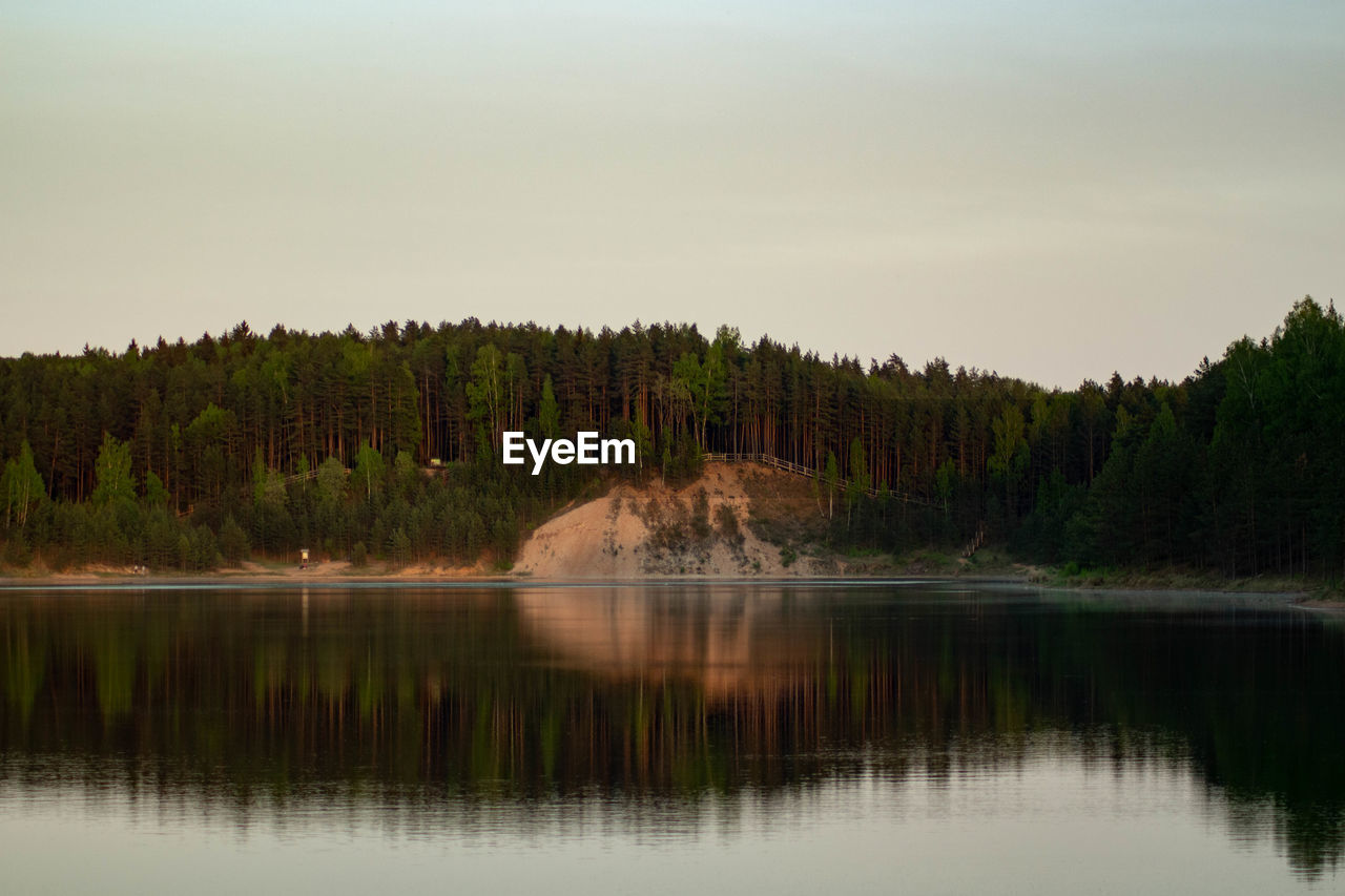 Scenic view of lake in forest against sky