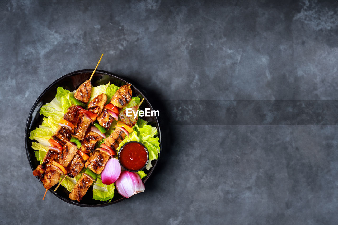 directly above shot of food in plate on table