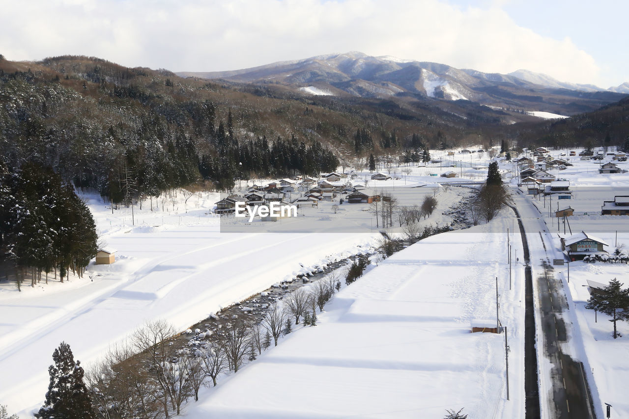 Snow covered landscape against sky