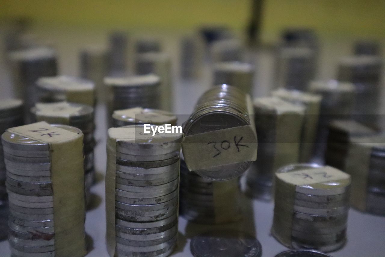 Stacks on coins on table