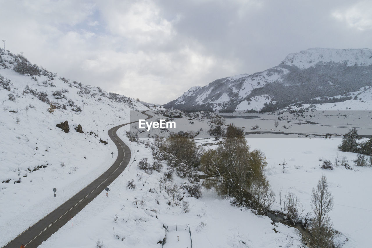 Snowy reservoir from aerial view