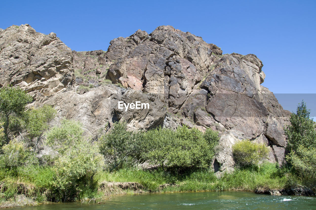 Scenic view of rocks against clear sky