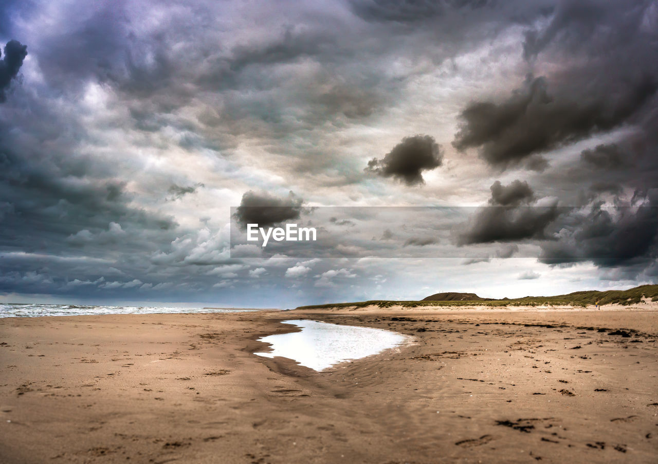 SCENIC VIEW OF BEACH AGAINST CLOUDY SKY