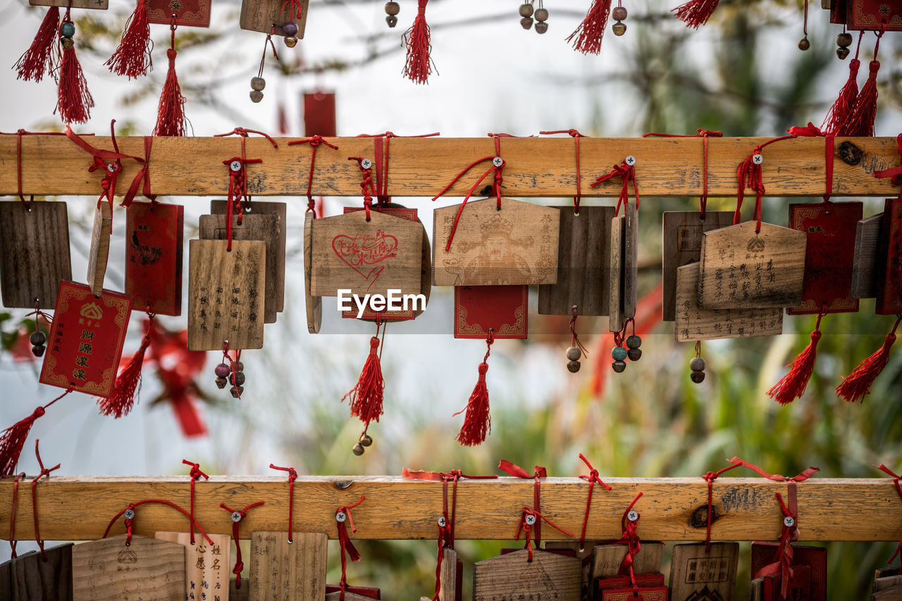 Wooden prayer blocks hanging against plants