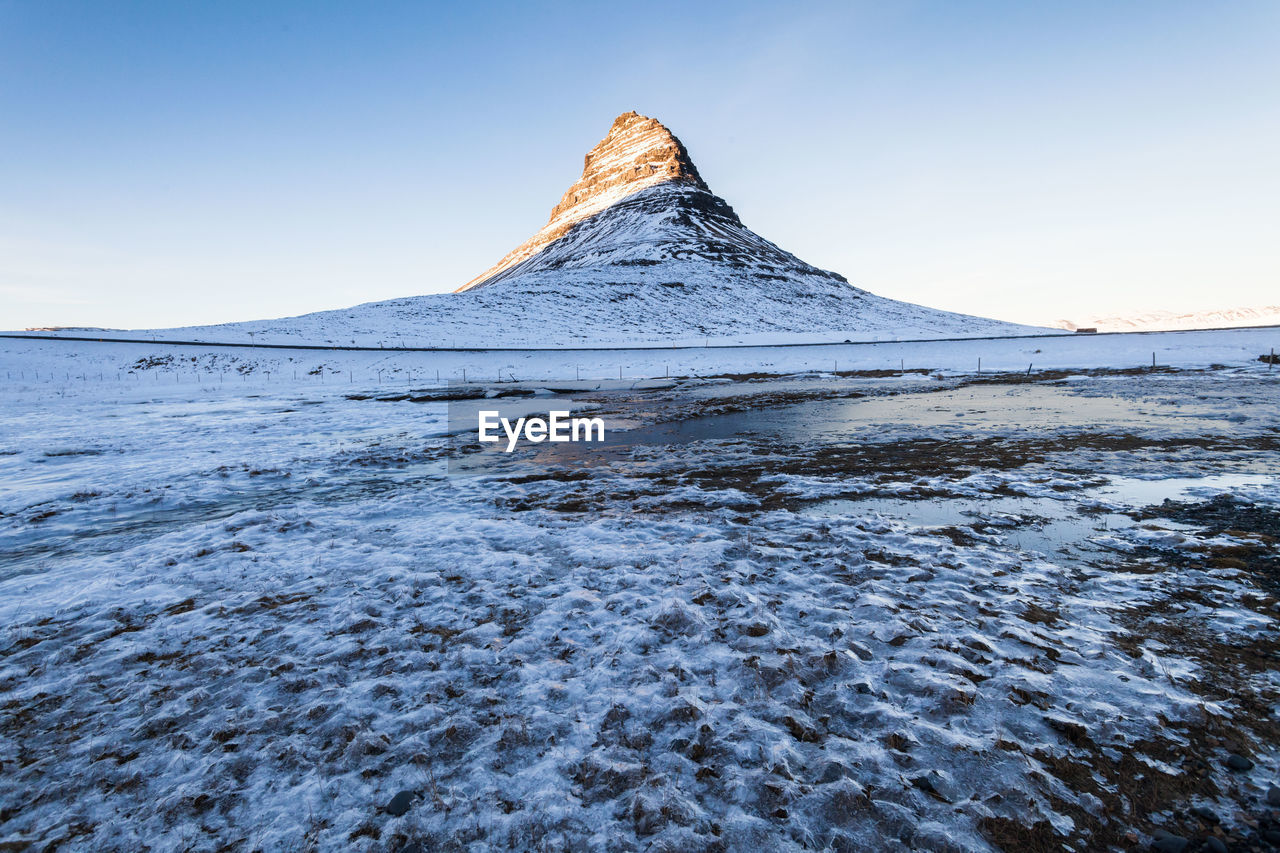 Snow covered mountain against clear sky