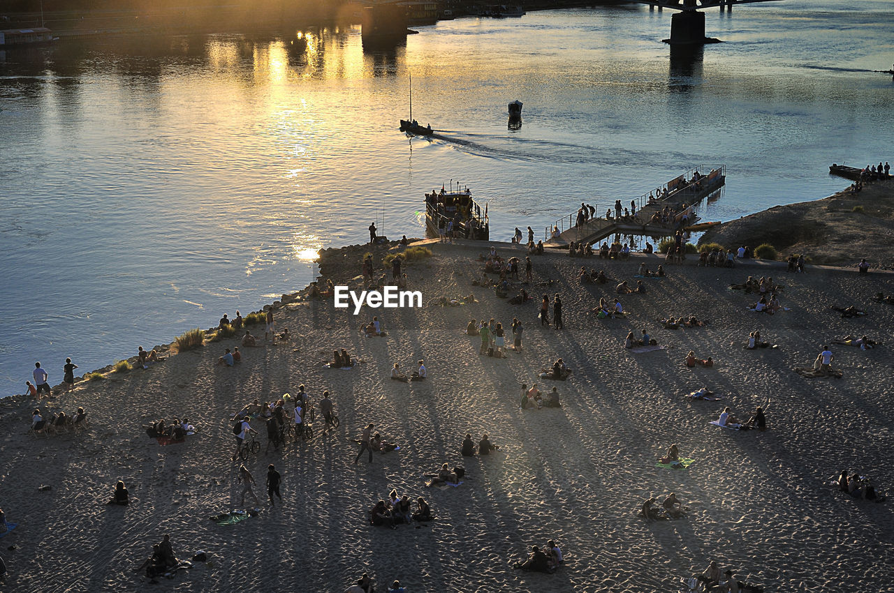 HIGH ANGLE VIEW OF BIRDS ON BEACH