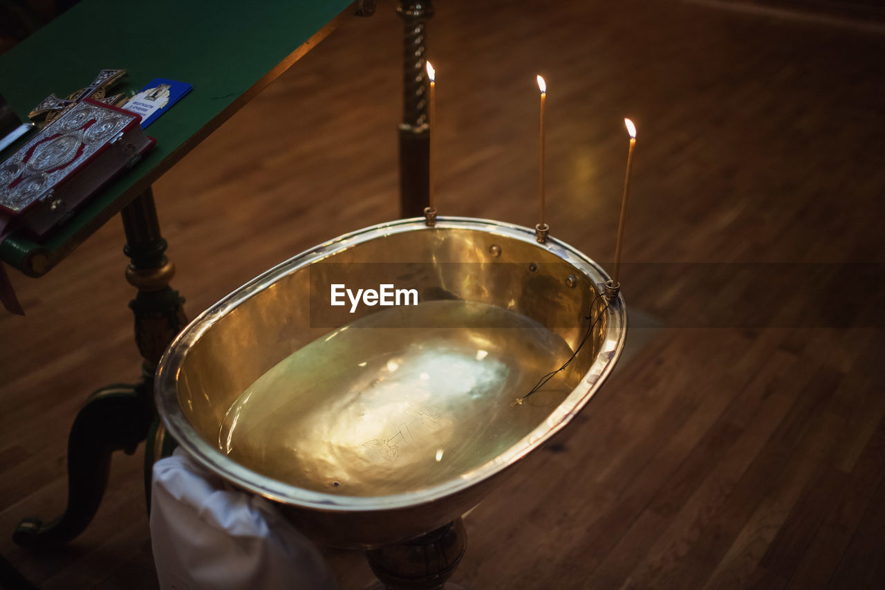 High angle view of water in metallic container