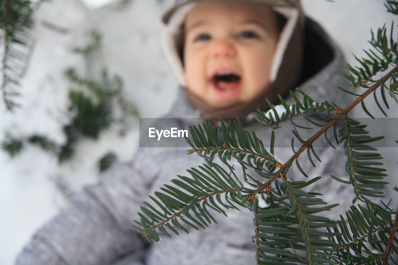 Happy toddler standing by snow covered pine tree