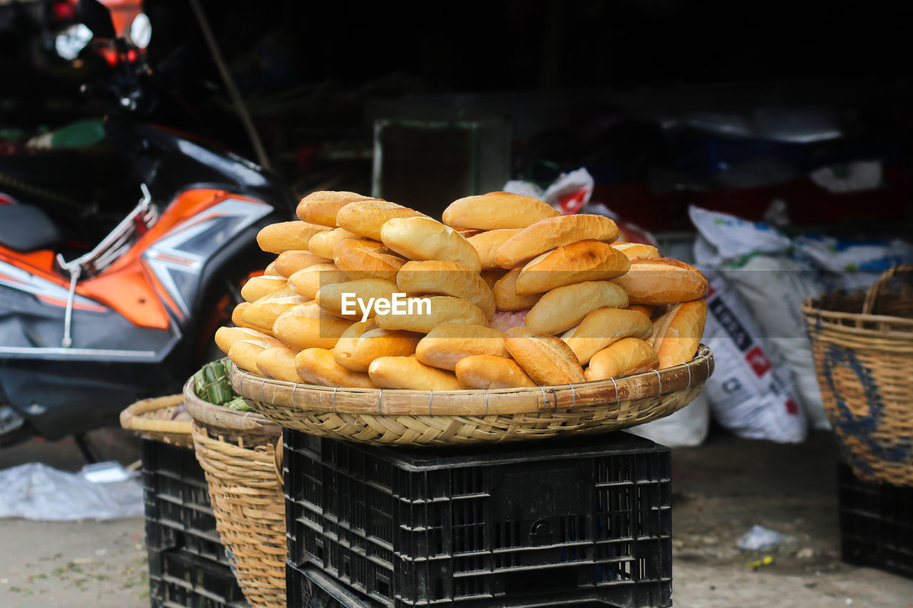 Closeup view of hot and crispy bread is displayed on the street in the dam market, nha trang city