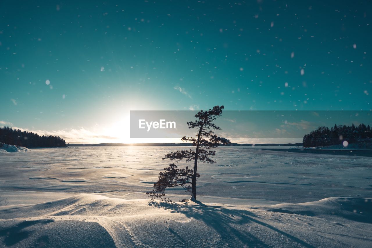 SCENIC VIEW OF FROZEN LAKE AGAINST BRIGHT SUN