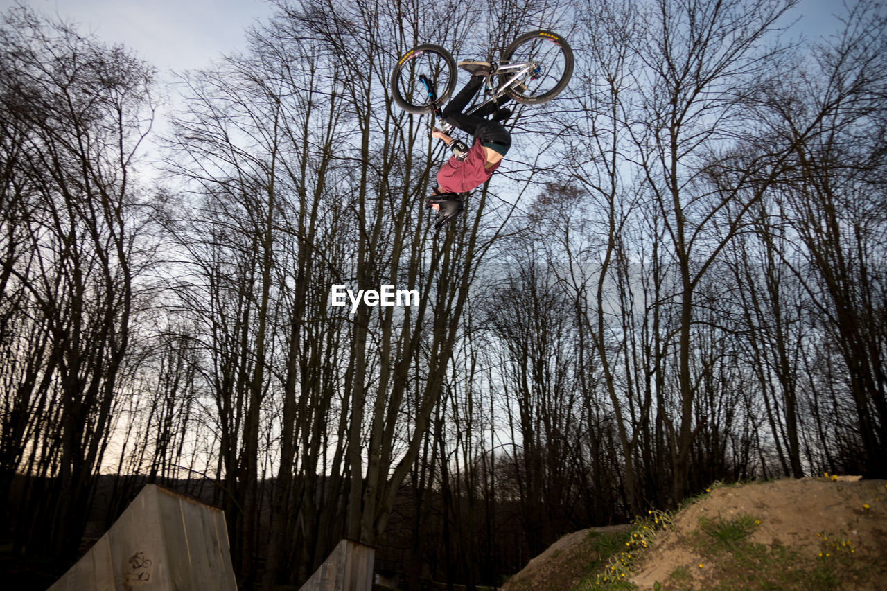 Person performing stunt against trees during bmx cycling