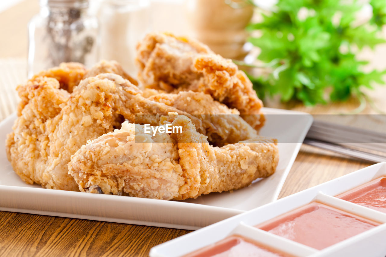 High angle view of food in plate on table