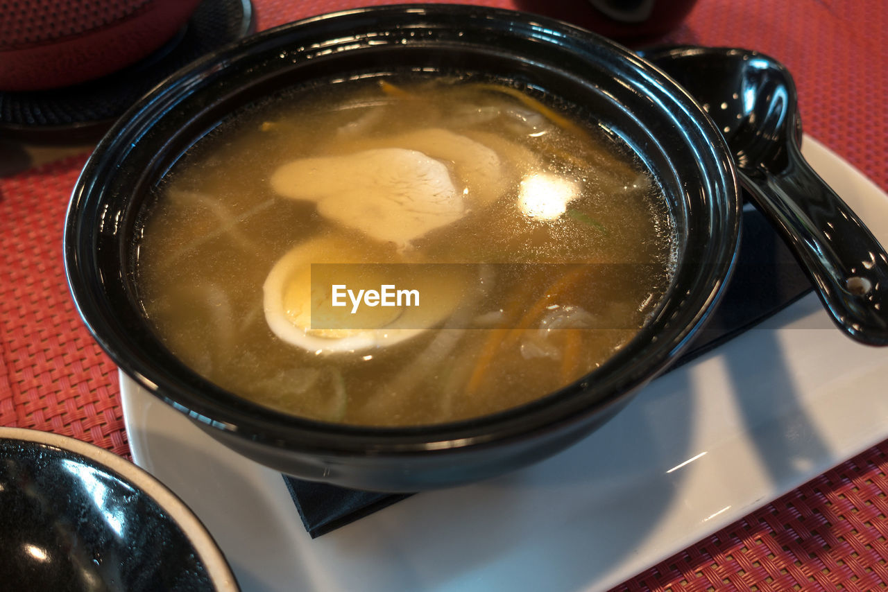 High angle view of soup in bowl at table