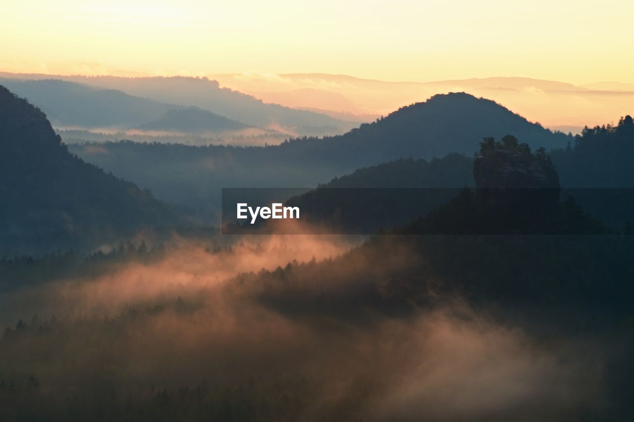 Cold morning at the end of summer. colorful summer morning with golden light and fog between hills