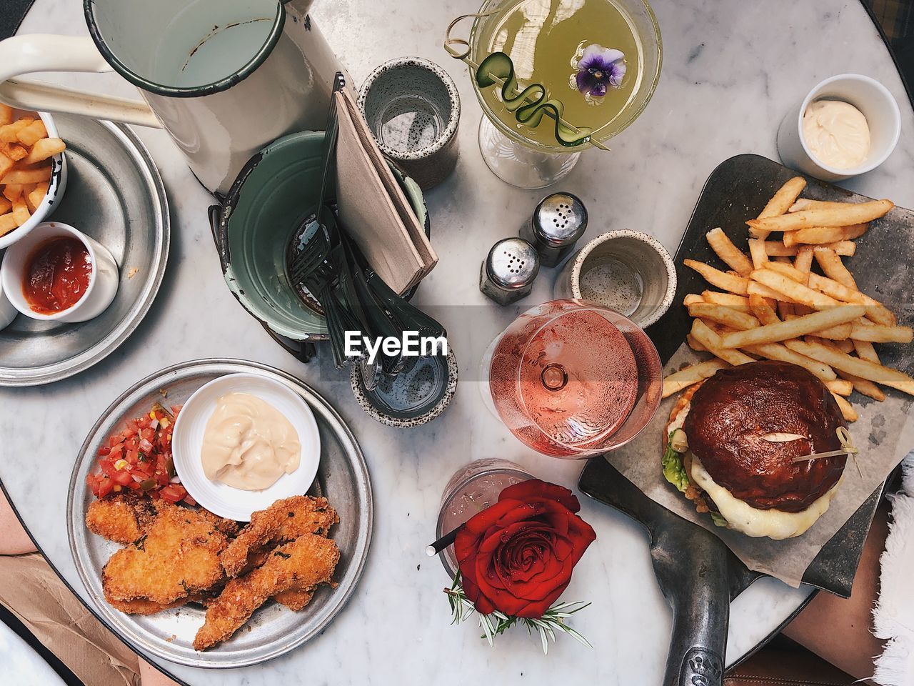 Directly above shot of food and drink on table