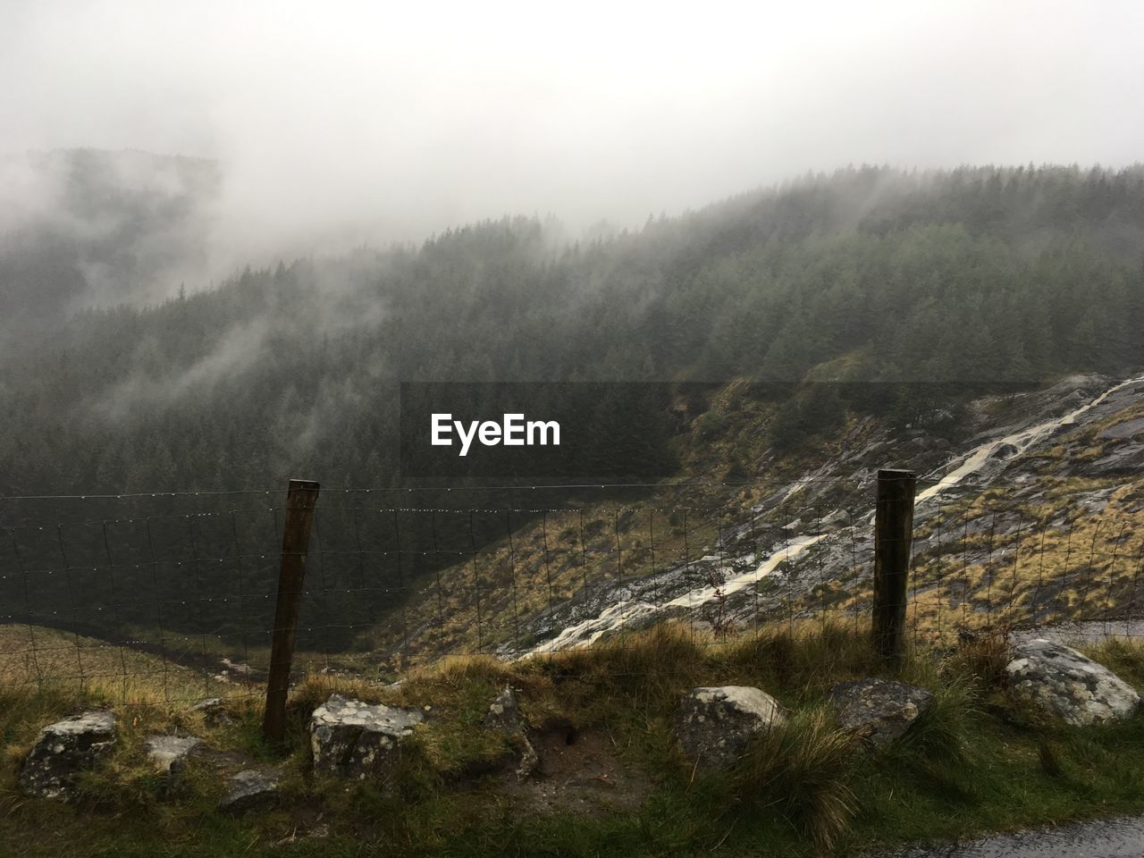 Scenic view of landscape against sky during foggy weather