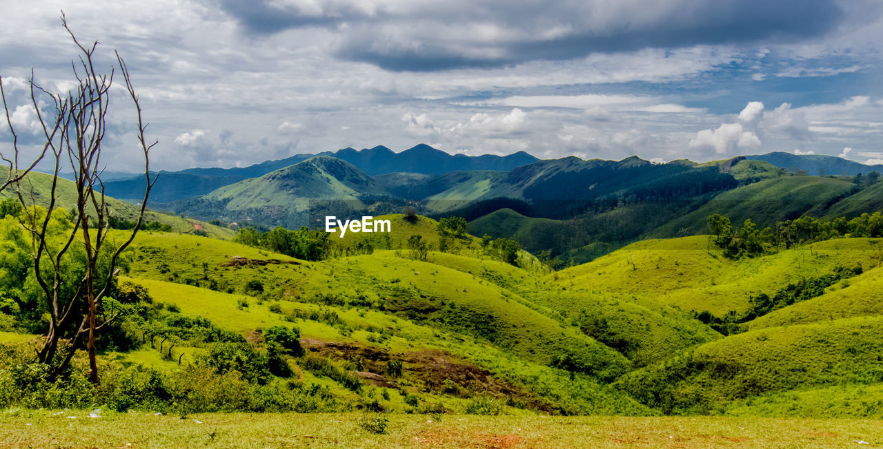 Scenic view of green landscape against cloudy sky