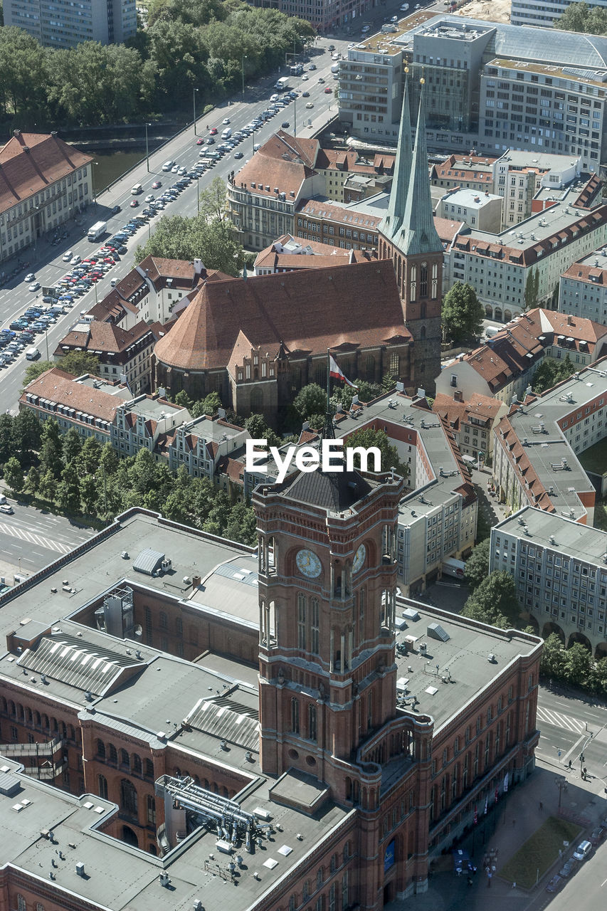 High angle view of buildings in city