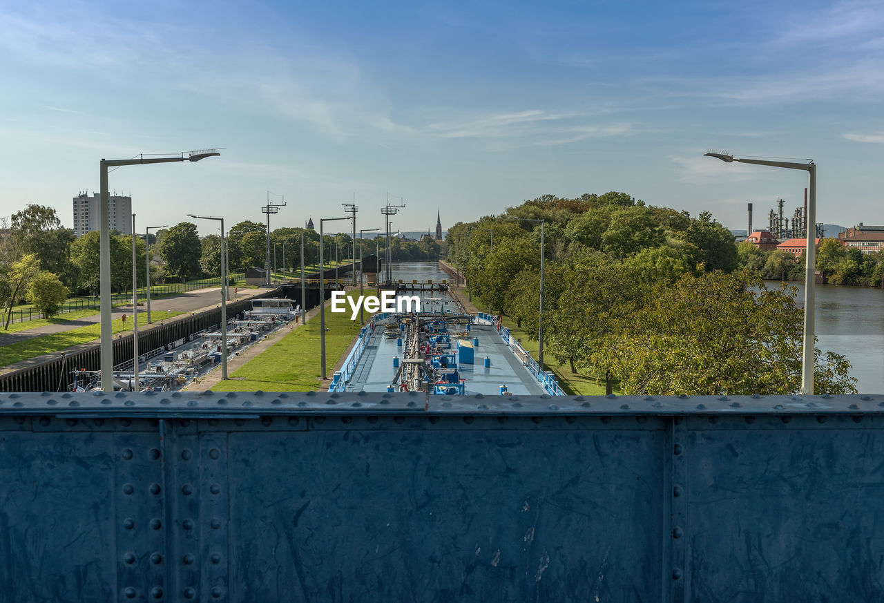 A cargo ship enters the griesheim lock, frankfurt, germany