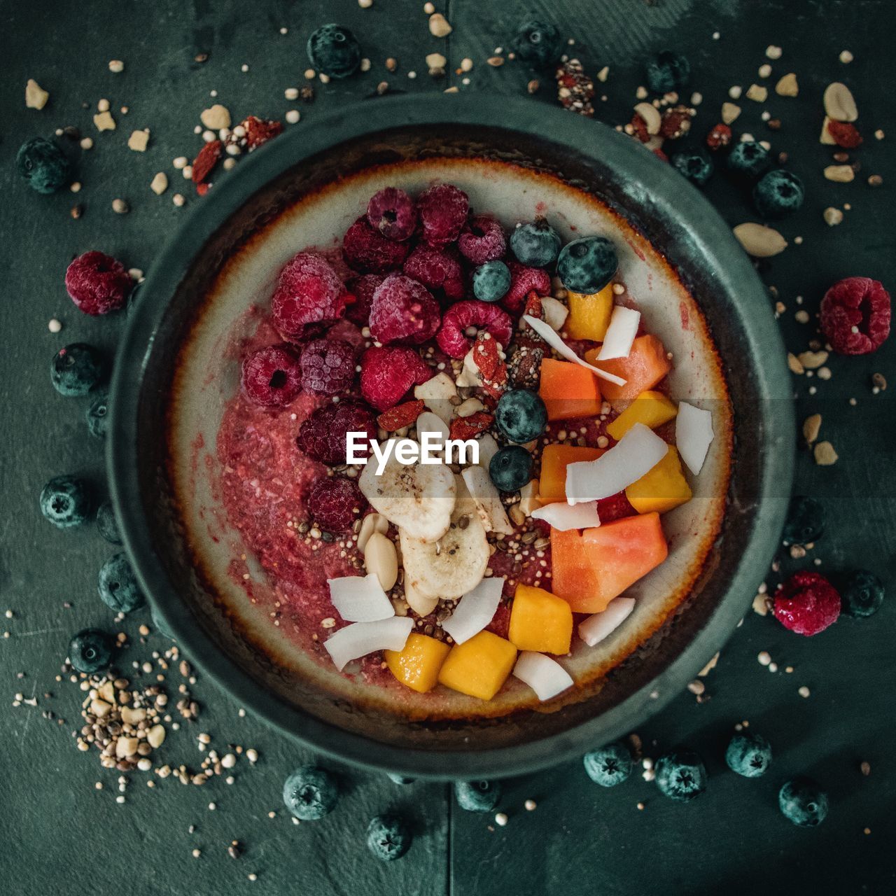 Directly above shot of fruit salad in bowl on table