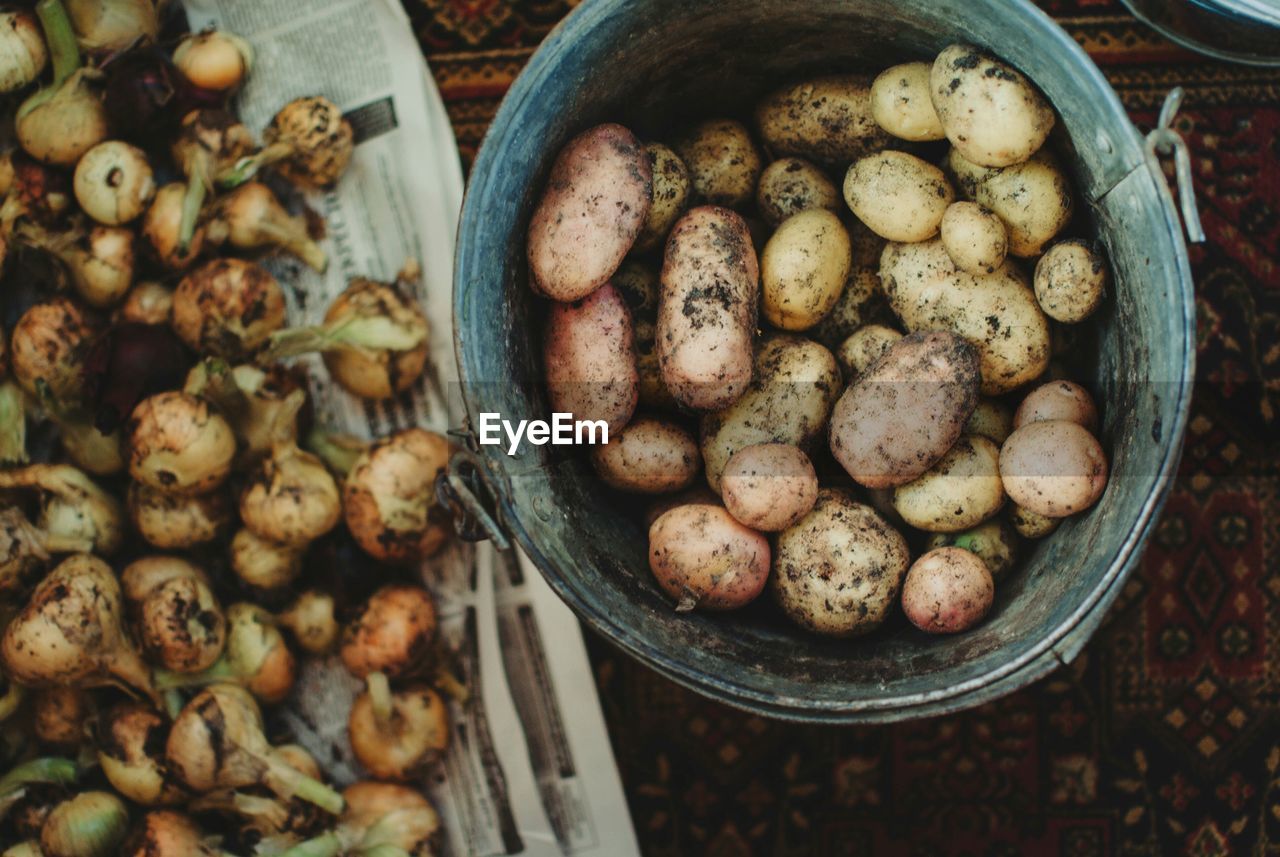 Close-up of raw potatoes in basket