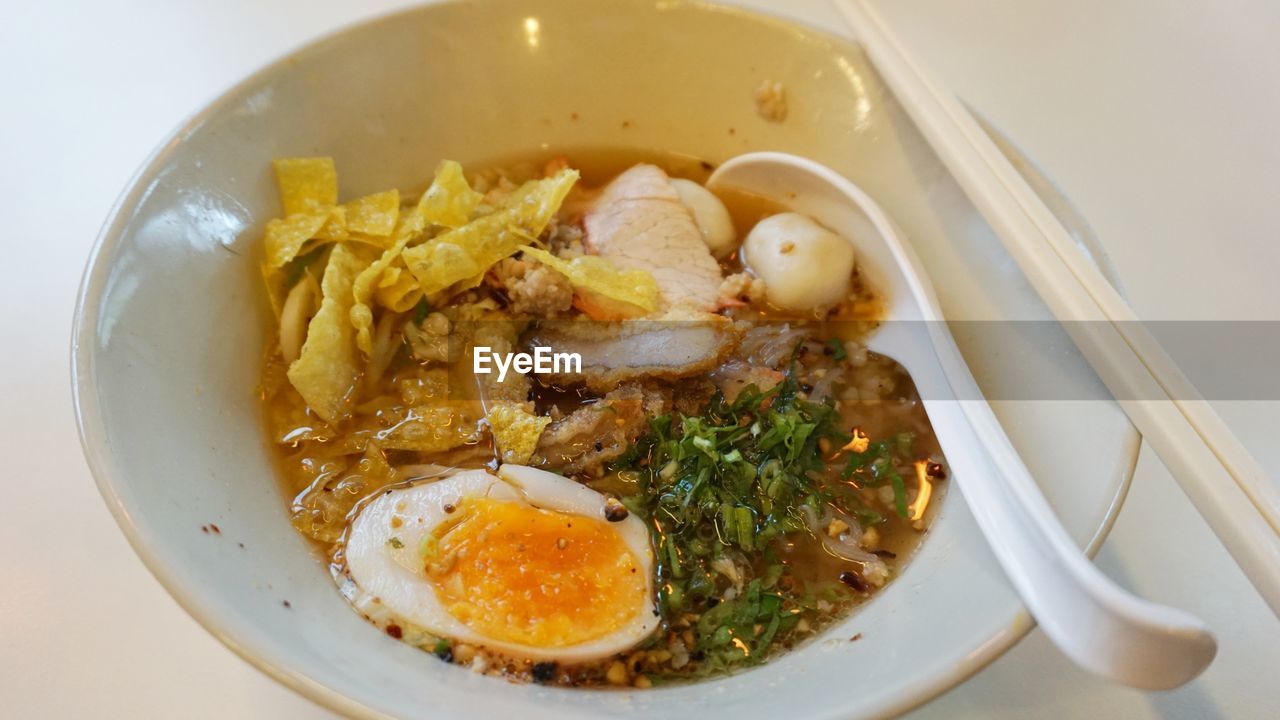 High angle view of breakfast served on table