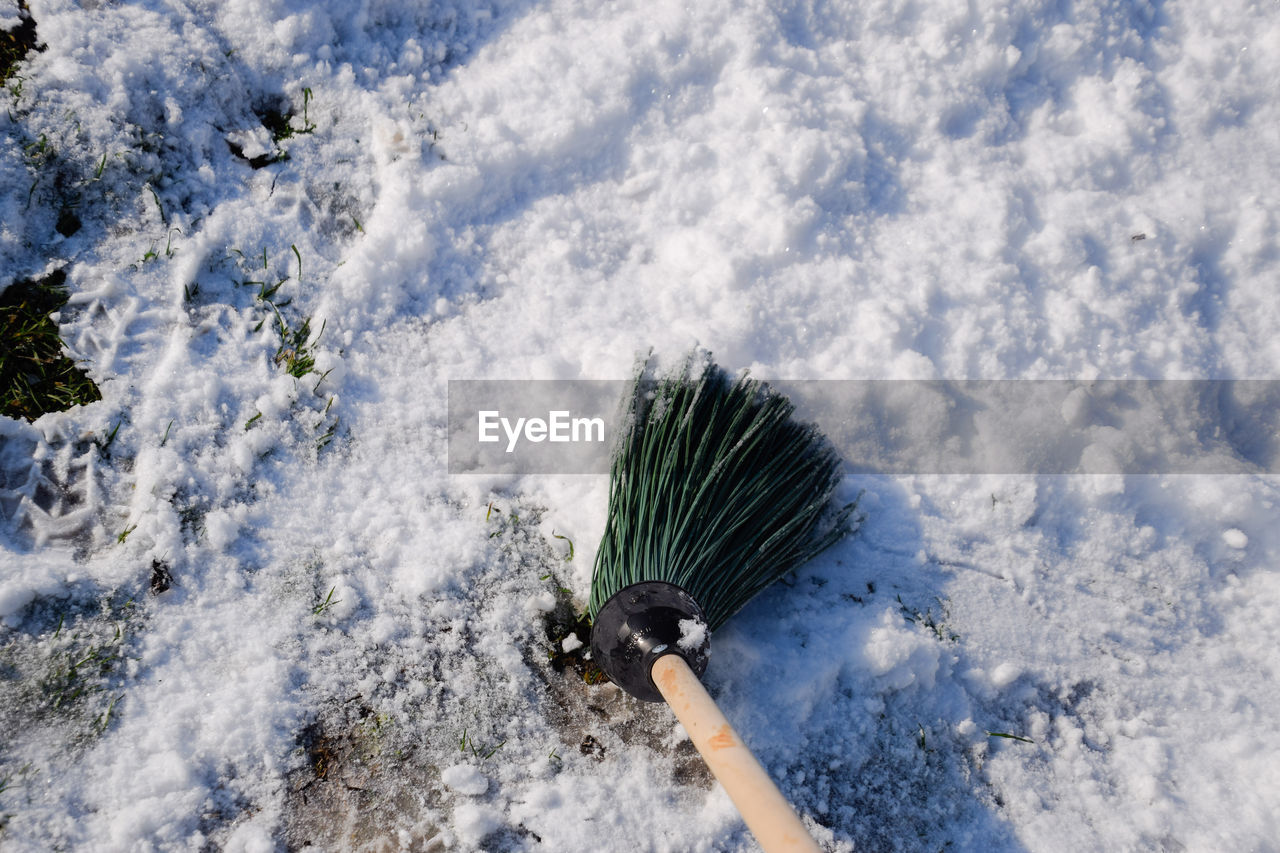 snow, winter, nature, freezing, cold temperature, day, blue, frost, broom, tree, plant, high angle view, beauty in nature, no people, outdoors, land, sky, ice, cleaning, white, environment