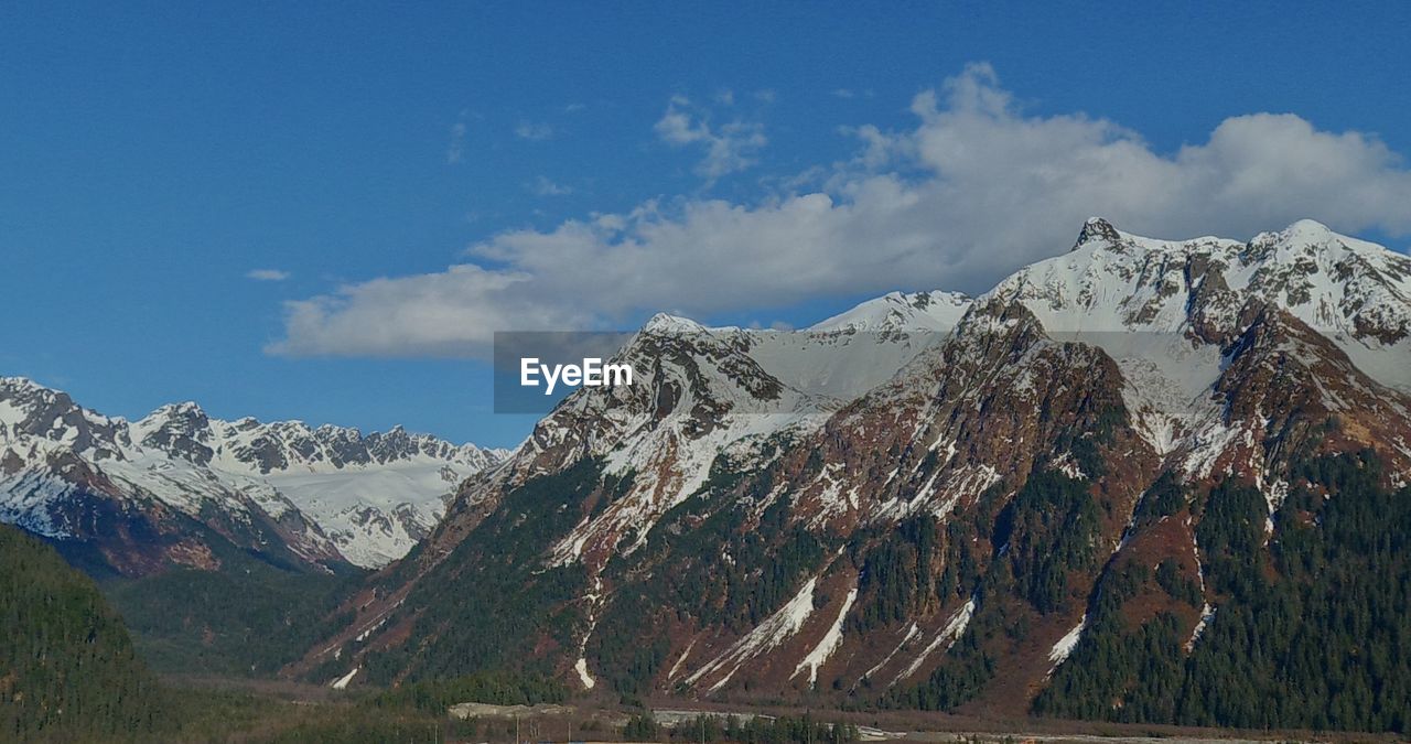 PANORAMIC VIEW OF SNOWCAPPED MOUNTAIN AGAINST SKY