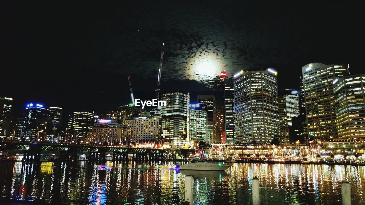 Reflection of illuminated buildings in river at night