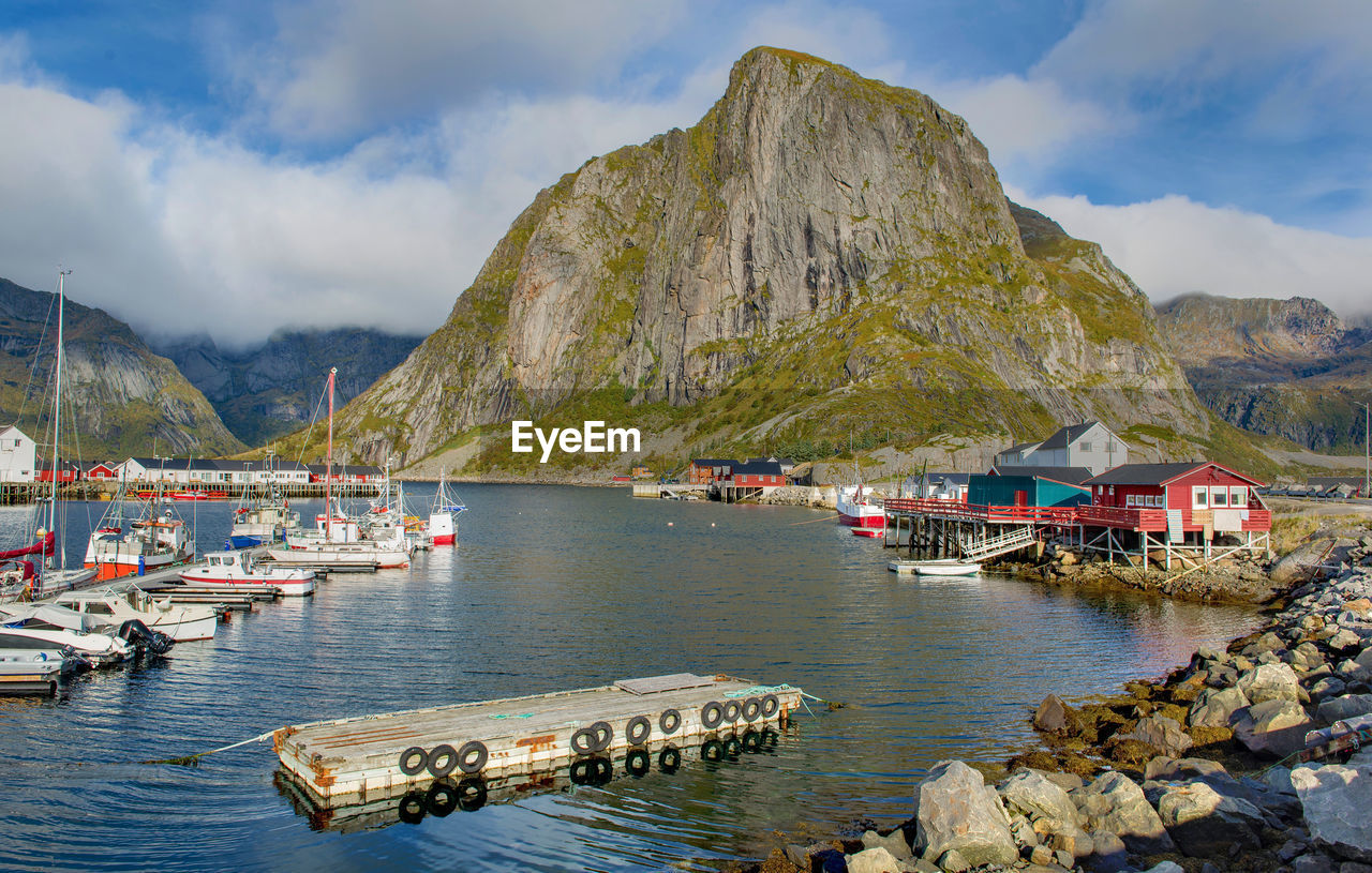 Picturesque landscape on a harbor in a fishing village moskenesoya in lofoten islands, north norway