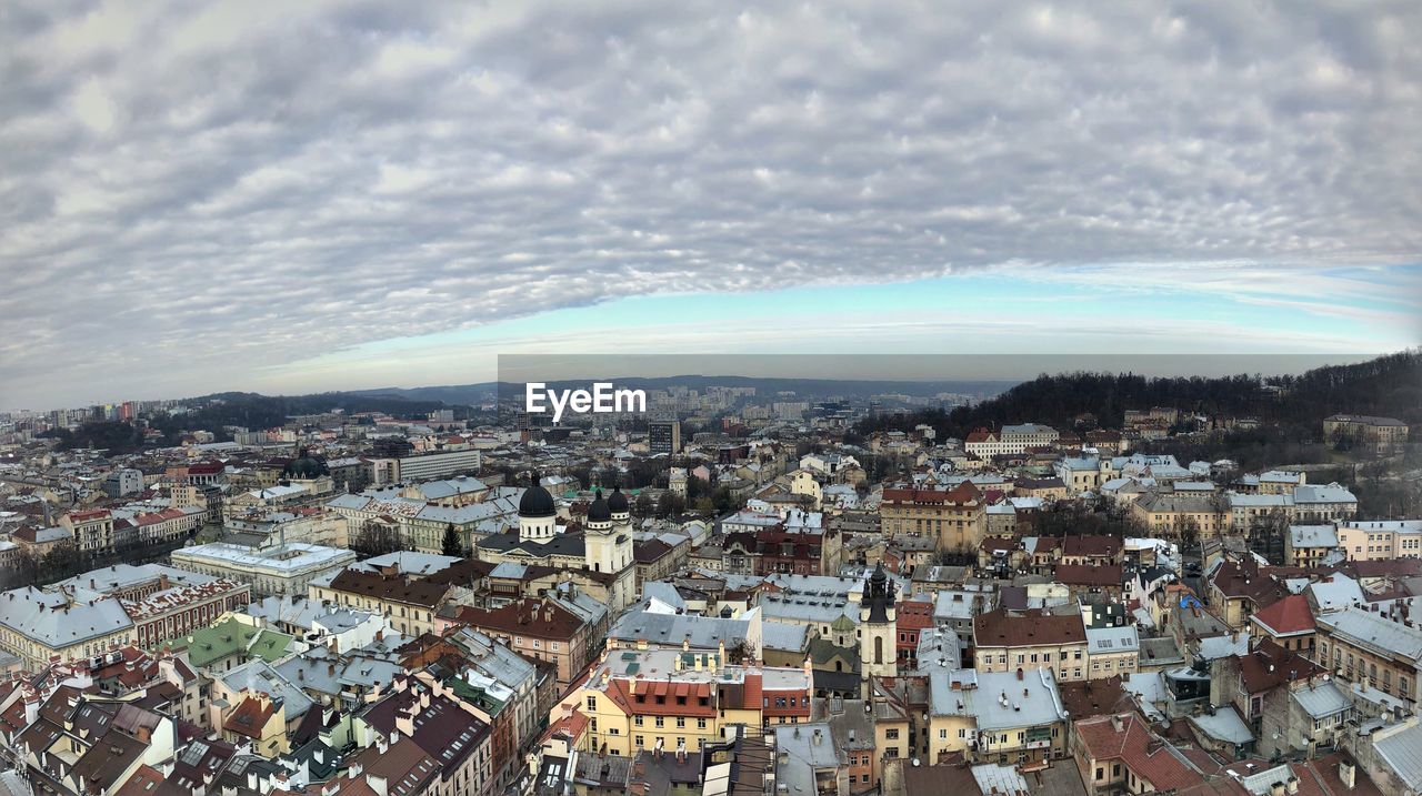 High angle view of townscape against sky