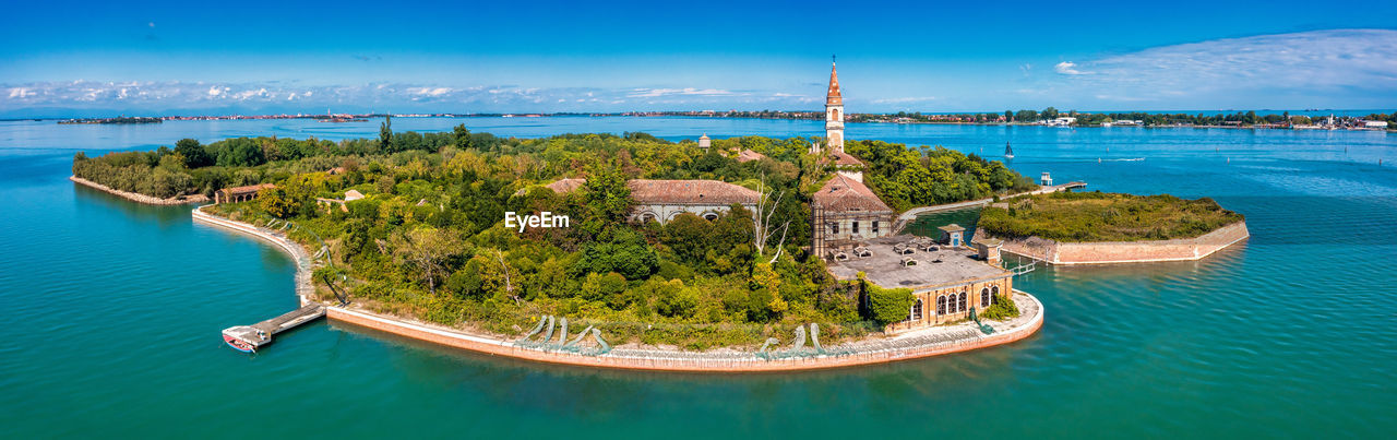 Aerial view of the plagued ghost island of poveglia in venice