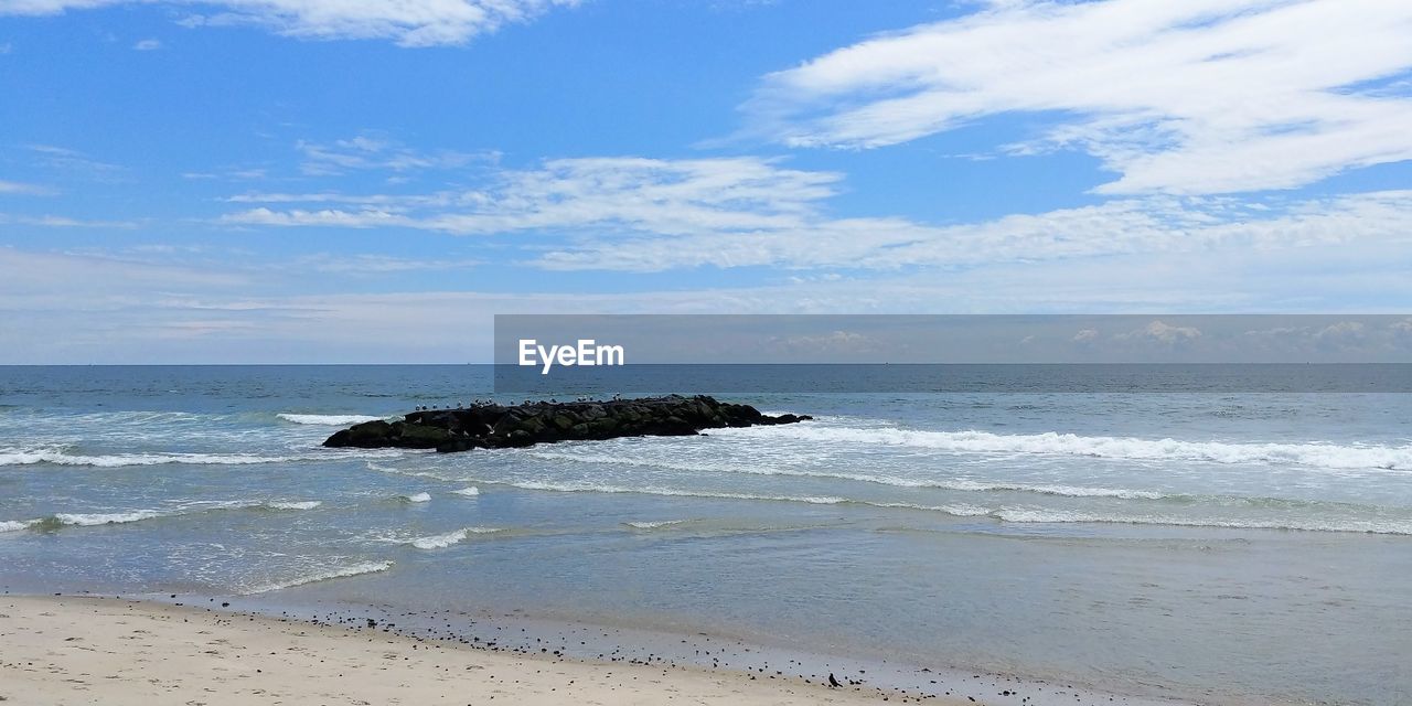 SCENIC VIEW OF SEA SHORE AGAINST SKY