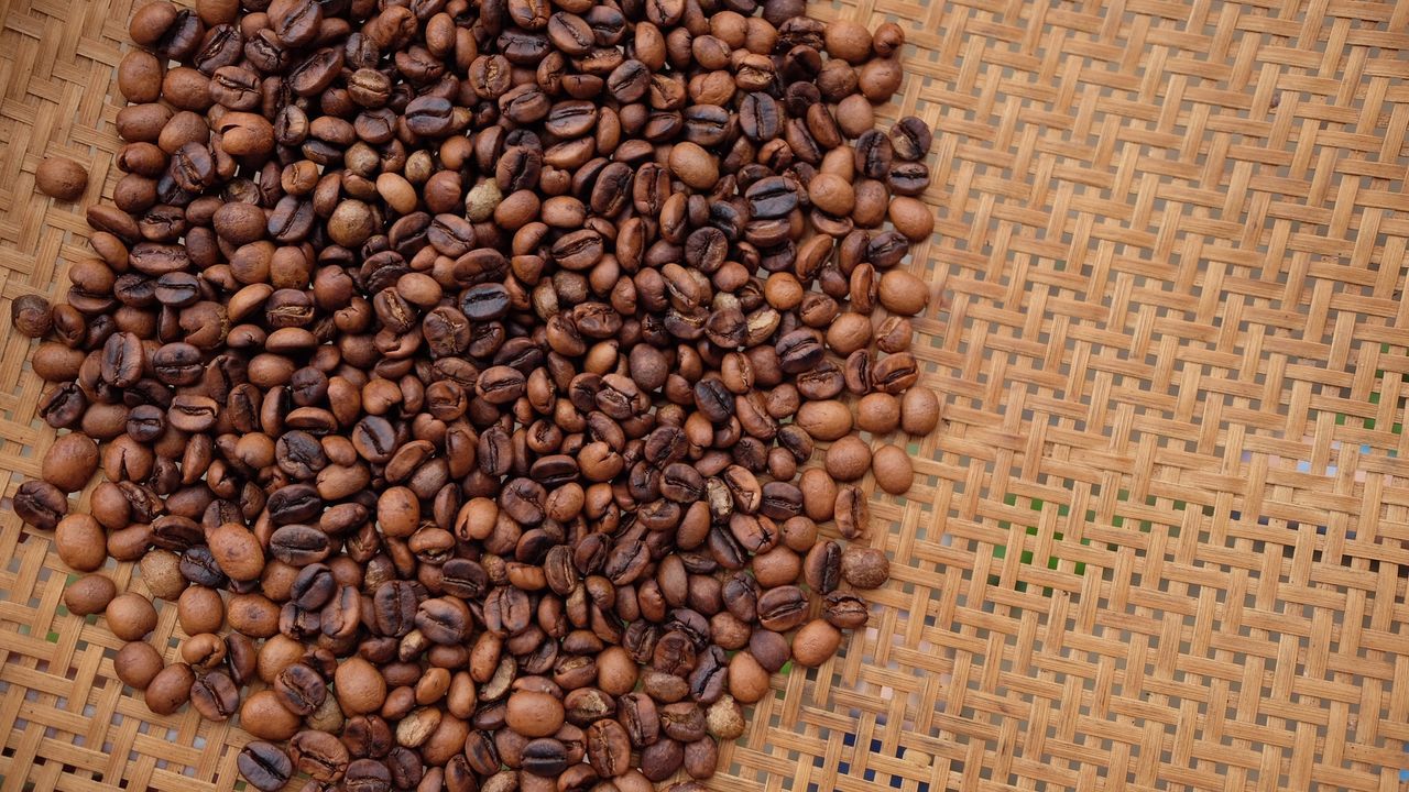 High angle view of coffee beans on table