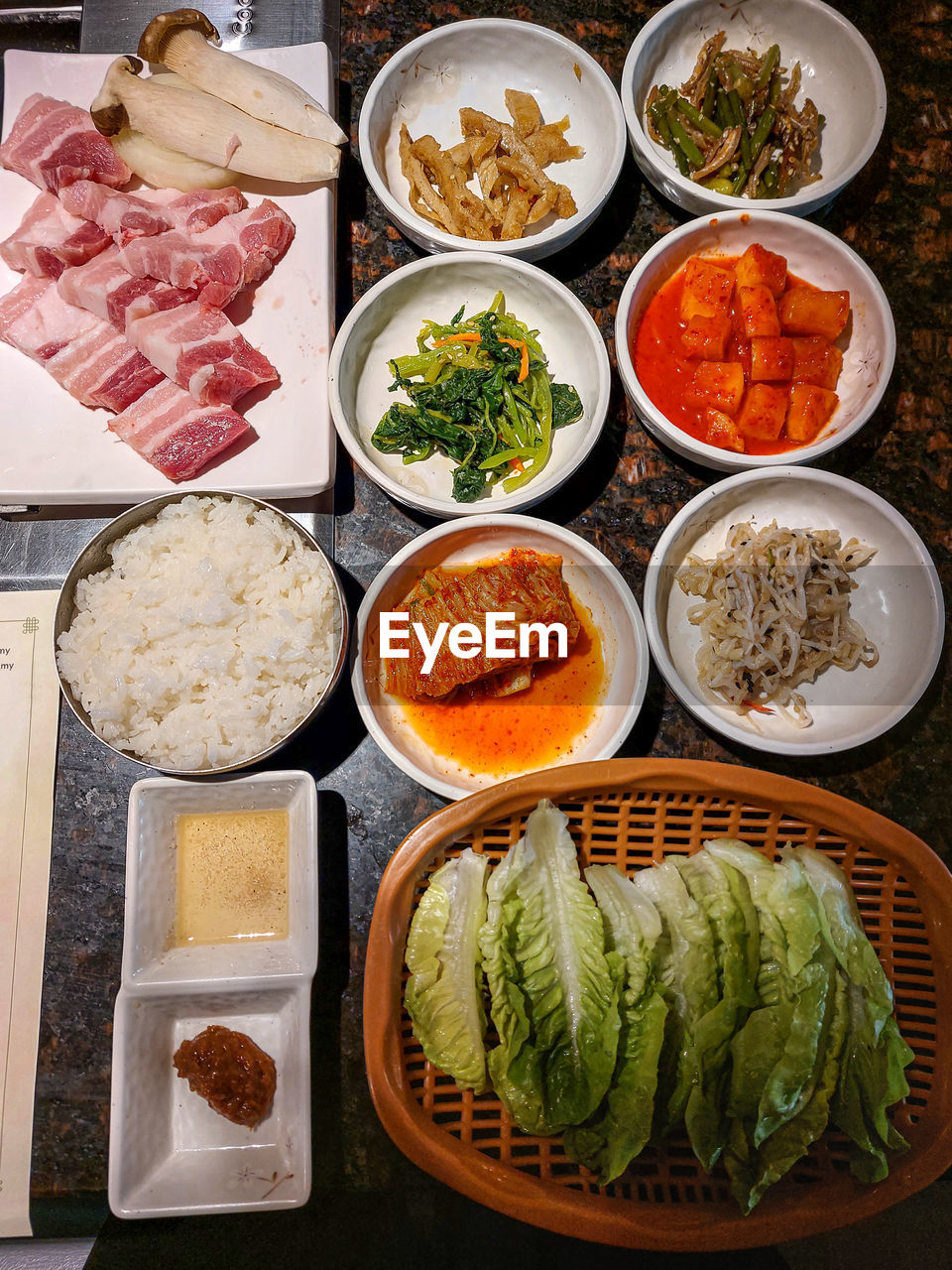 food and drink, food, variation, healthy eating, vegetable, freshness, dish, cuisine, wellbeing, no people, meat, asian food, meal, ingredient, bowl, high angle view, indoors, spice, still life, table, raw food, abundance, arrangement, lunch