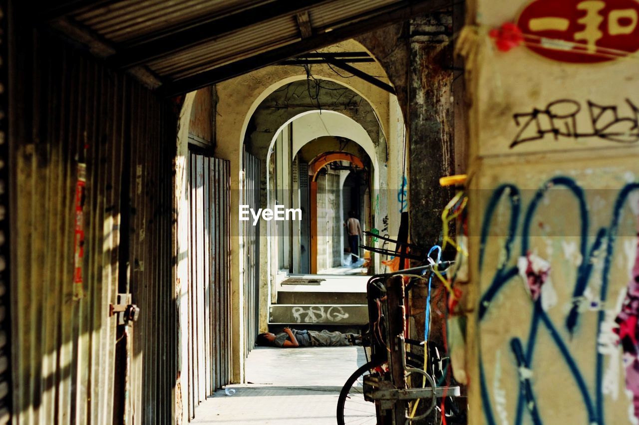 Interior of old building with graffiti