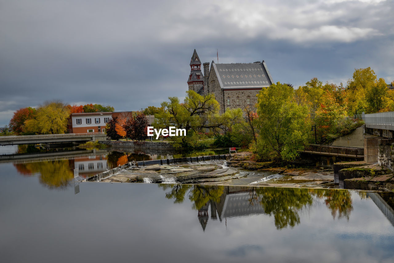 REFLECTION OF BUILDING ON LAKE AGAINST SKY DURING AUTUMN