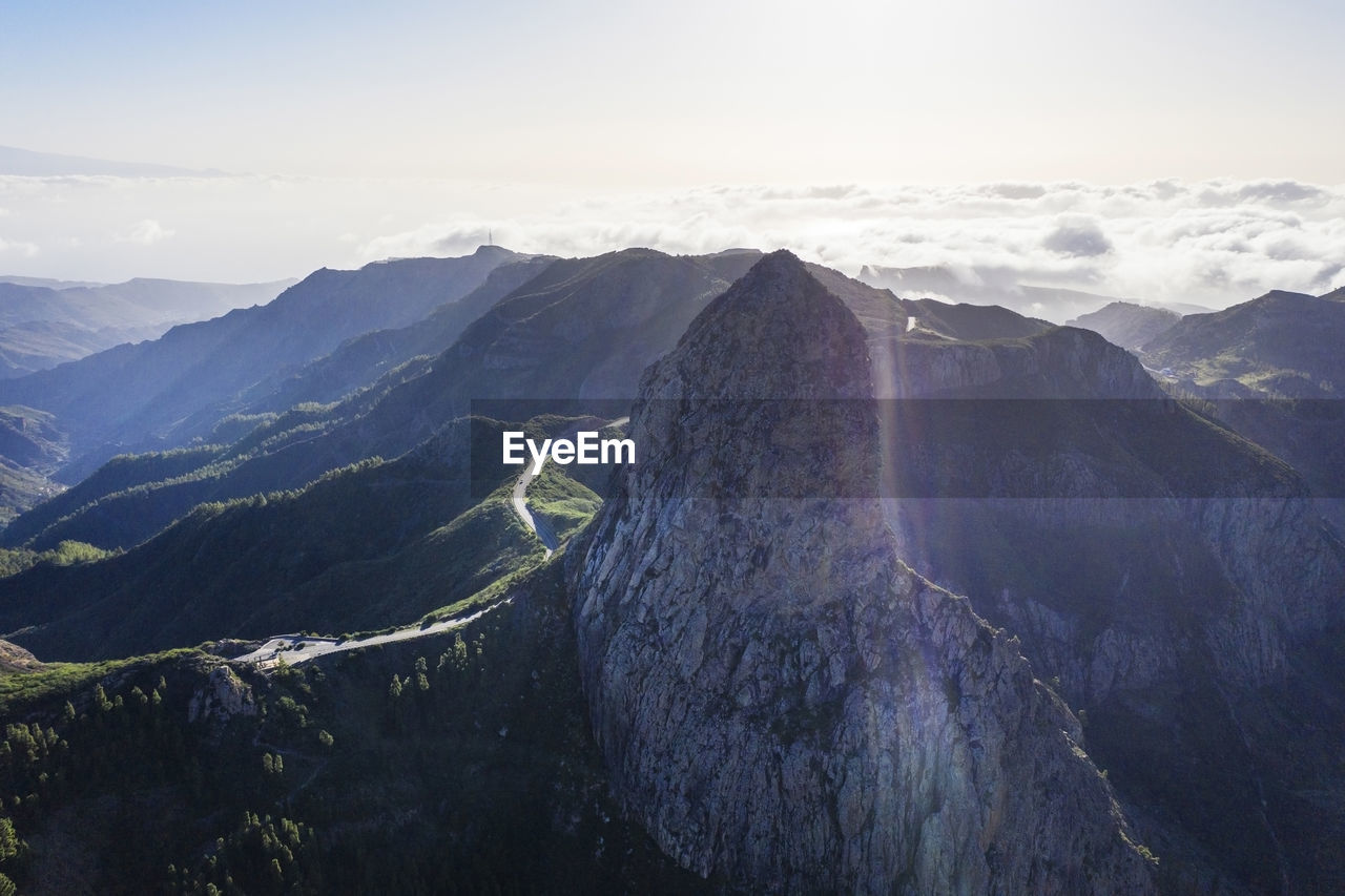 Drone view of roque de agando rock formation in garajonay national park