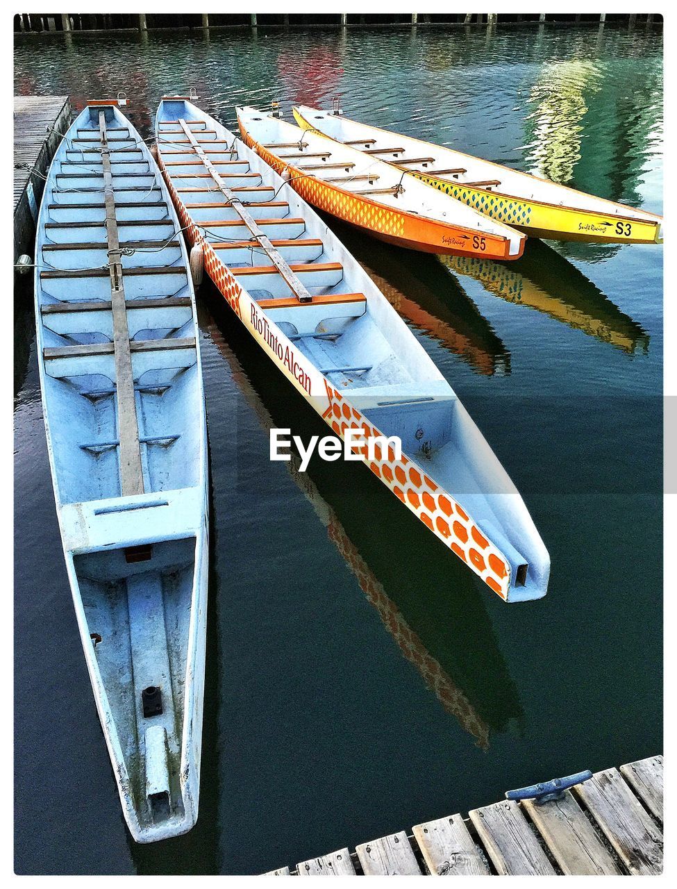 High angle view of boats moored in lake