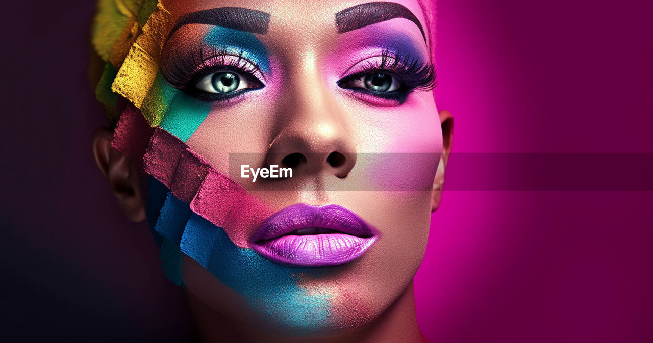 make-up, women, human face, portrait, adult, studio shot, fashion, young adult, multi colored, one person, human head, purple, glamour, pink, lipstick, looking at camera, blue, human eye, female, indoors, close-up, beauty product, eye, headshot, eye shadow, stage make-up, arts culture and entertainment, nose, eyelash, vibrant color, colored background, elegance, human mouth, person, blue eyes, shiny, paint, face paint, eye make-up, creativity, looking, futuristic