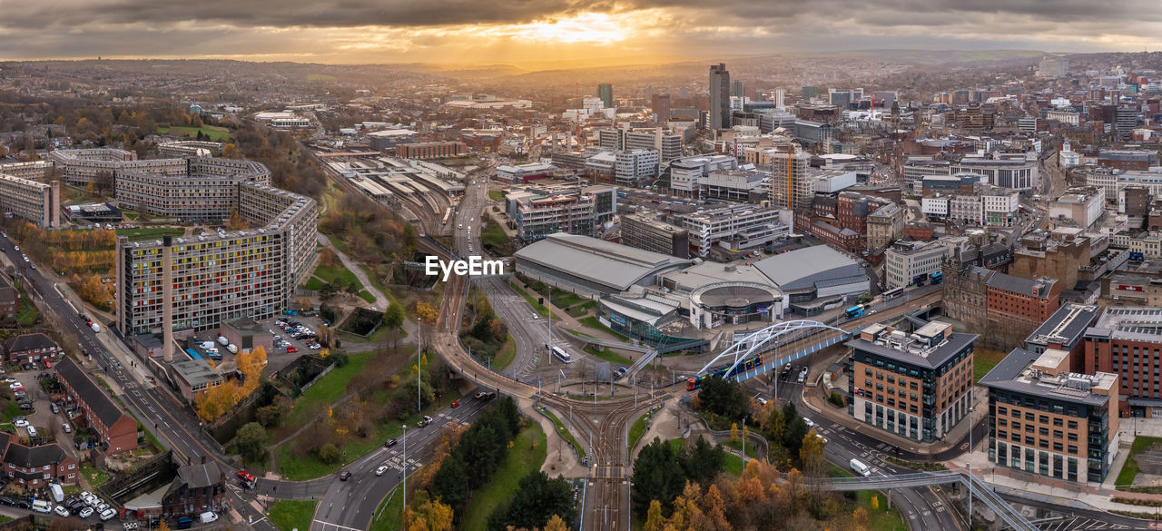 Aerial panorama of sheffield city centre cityscape skyline at sunset