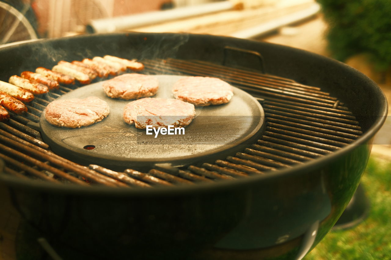 High angle view of meat in cooking pan