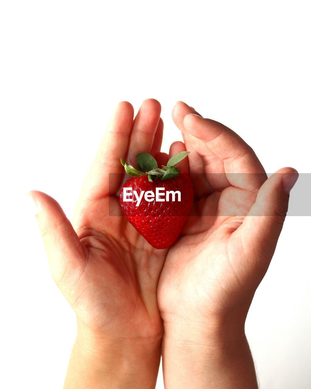 Child handing strawberry fruit 2 hands