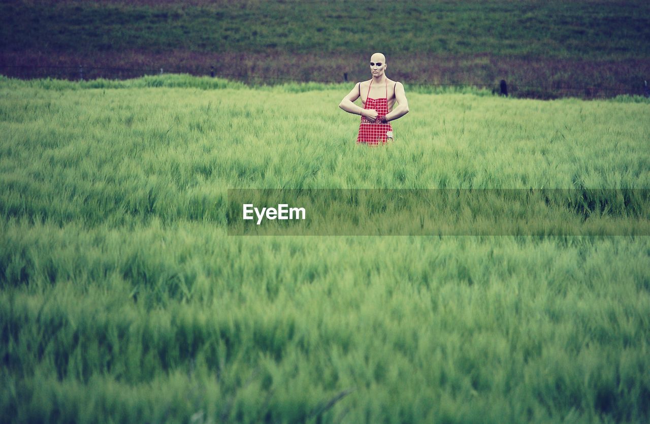 Mannequin standing on grassland