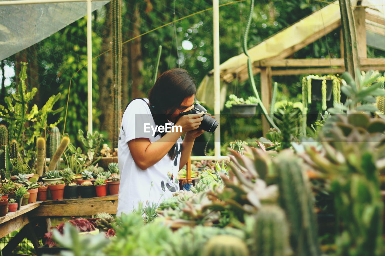 Man photographing in greenhouse